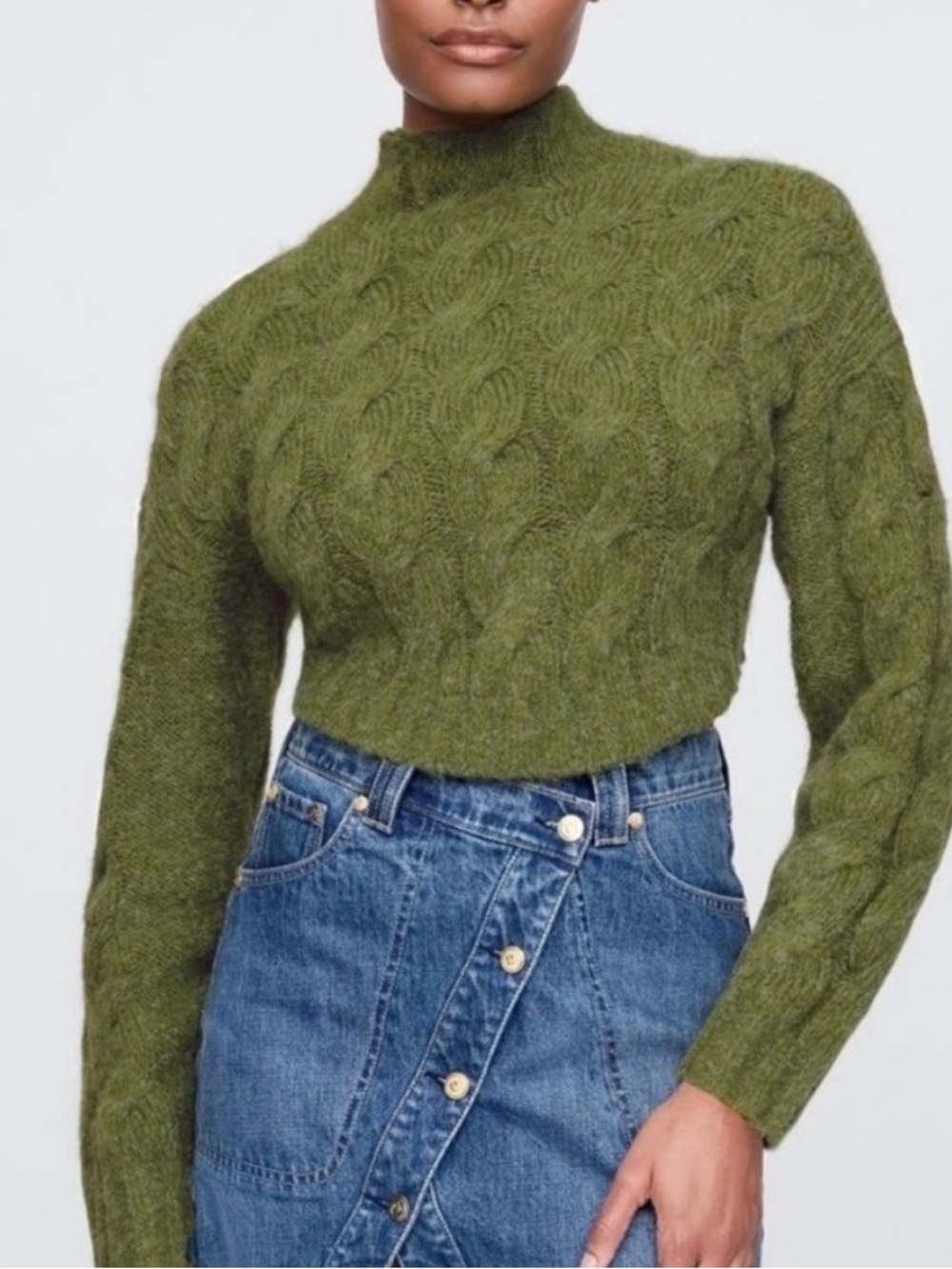 cult gaia Olive Cable-Knit Cropped Crewneck Sweater